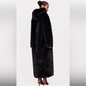 Pretty Little Thing full length faux fur hooded coat black size 14 L/XL